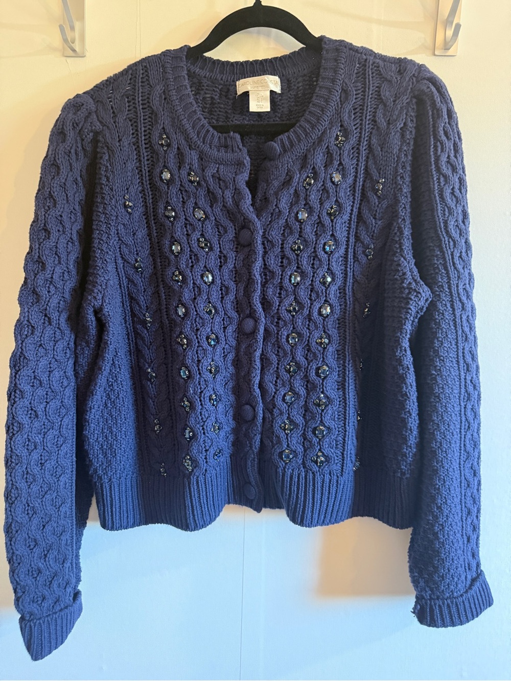 Caroline Constas Navy Embellished Cable Knit Jeweled Cardigan Sweater L